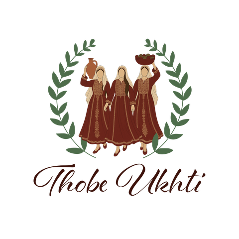 Thobe Ukhti — three sisters in embroidered thobes framed by olive branches