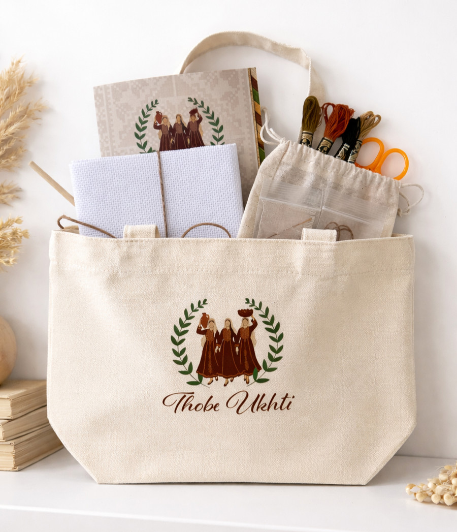 Mini Thobe Tatreez Kit — tote bag with pattern booklet, Aida cloth, threads and scissors